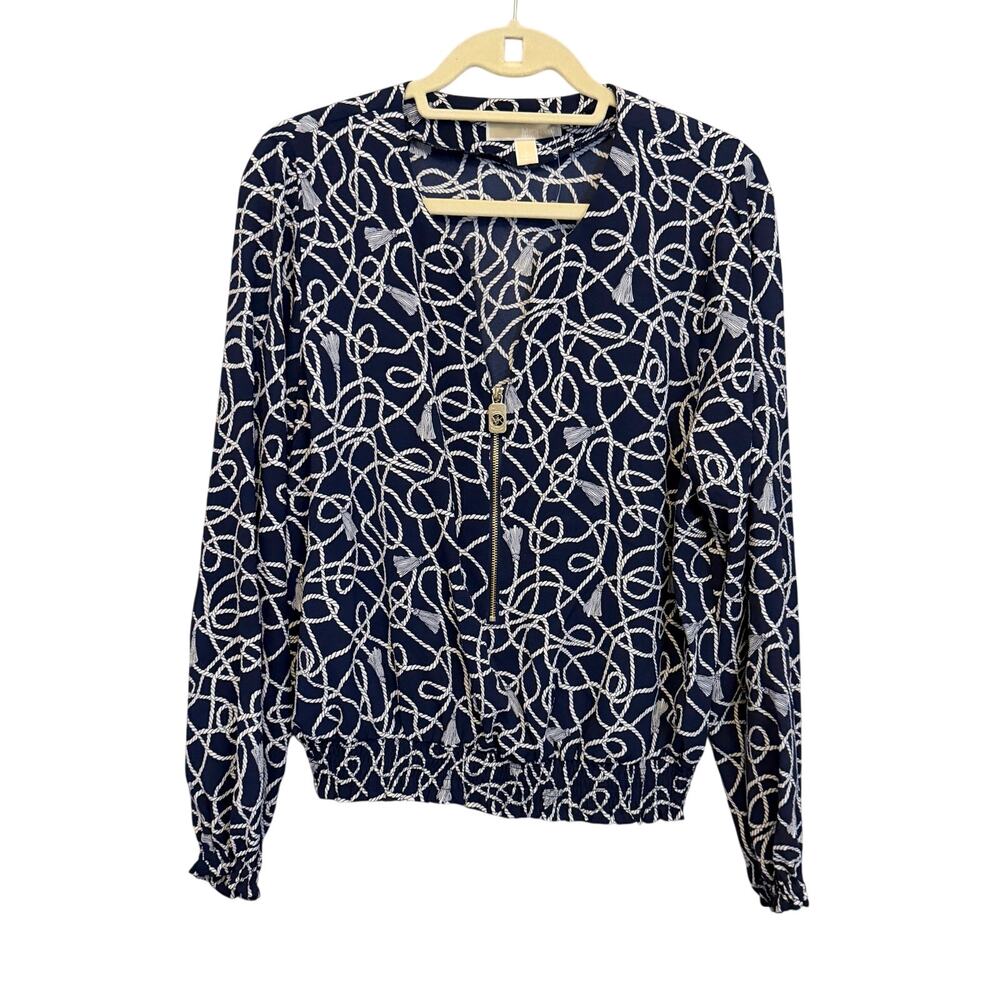 Michael Kors Blouse Zip Top Large Blue Rope Tassel Print Career Office Workwear